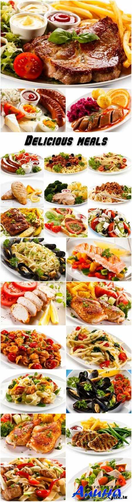 Вкусные блюда, мясо, овощи, морепродукты